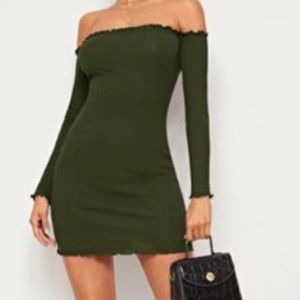 NWT Army Green Off The Shoulder Lettuce Trim Mini Dress